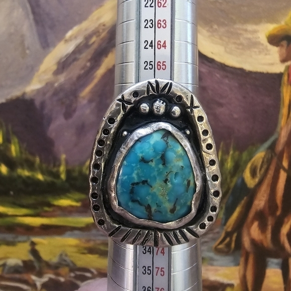 Large Vintage Signed Turquoise Sterling Native American Statement Ring - Picture 3 of 11